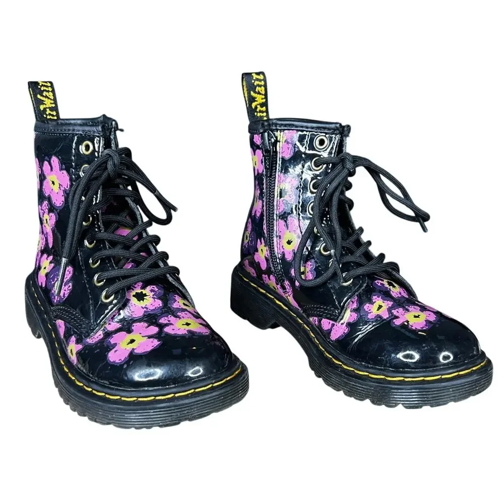 Dr. Martens Toddler Floral Black Patent Leather Combat Boots Size US 12